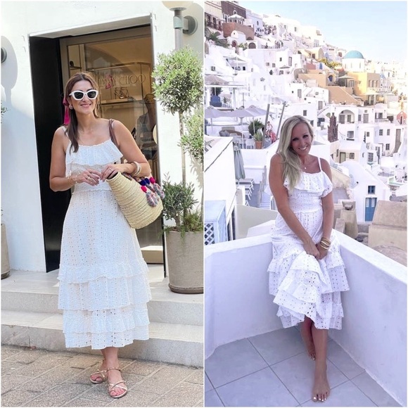 SLATE & WILLOW Cotton Eyelet Smocked Waist Sleeveless Tiered Ruffle Midi Dress M - Picture 2 of 9